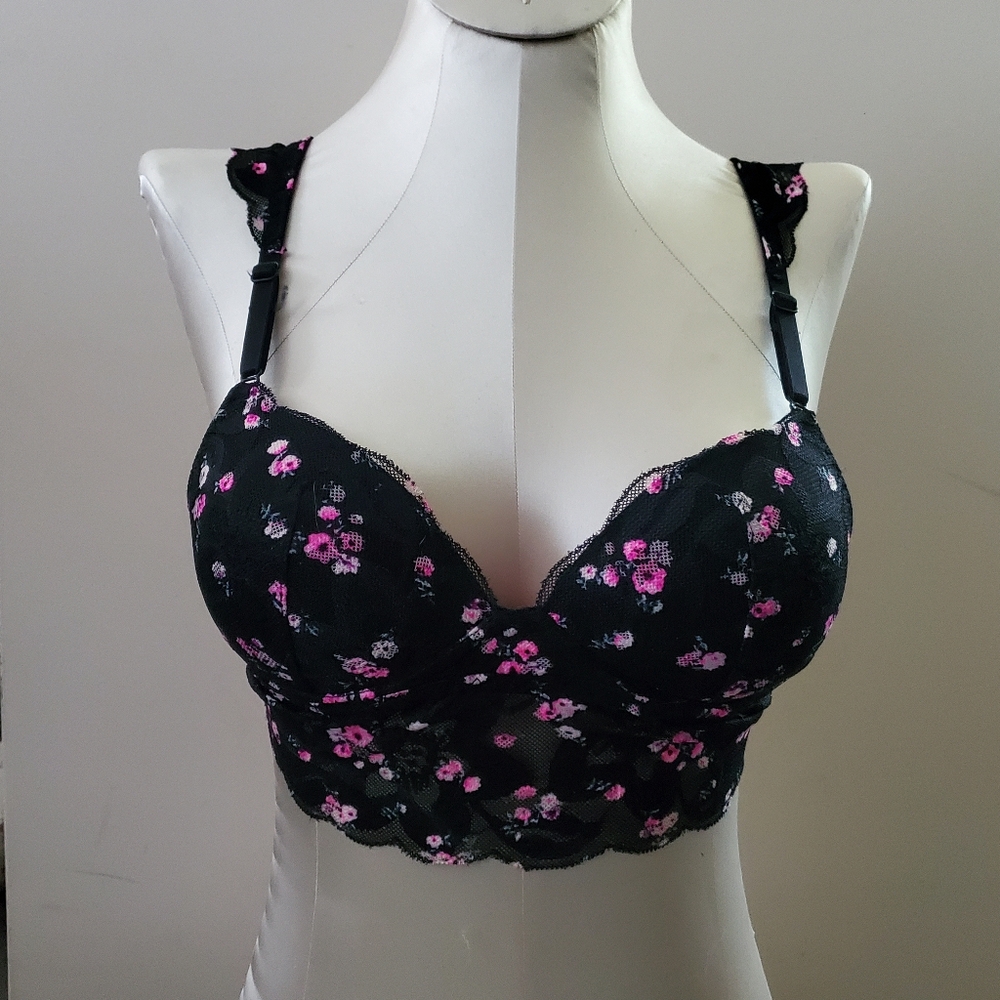 Victoria's Secret PINK Black Lace Bralette with Pink Floral Design